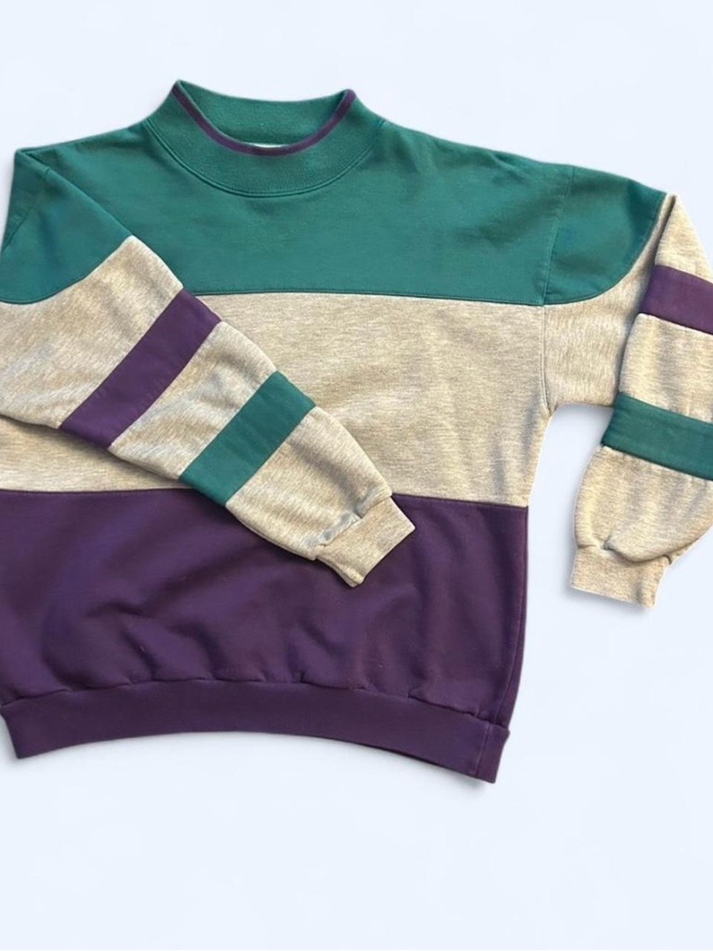 Unisex Colorblock Crewneck Sweater - Green, Beige & Purple